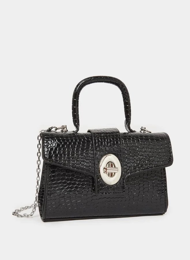 Styli Black Croc-Effect Satchel Bag with Chain
